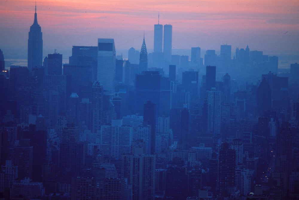 City skyline photographed in soft haze